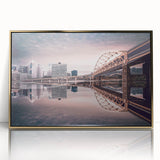 Mid-century modernist art of Pittsburgh skyline in muted gold tones on framed acrylic, suitable for modern art wall decor.