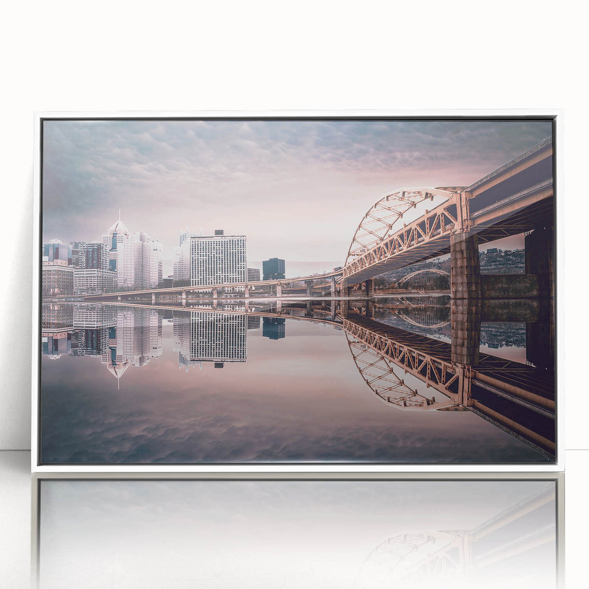 Art deco poster of Pittsburgh skyline in muted blues and grays on white framed acrylic, suitable for modern art wall decor.