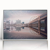 Art deco poster of Pittsburgh skyline in muted blues and grays on white framed acrylic, suitable for modern art wall decor.