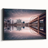 Black and white wall art of Pittsburgh skyline on framed canvas, ideal for bedroom decor.