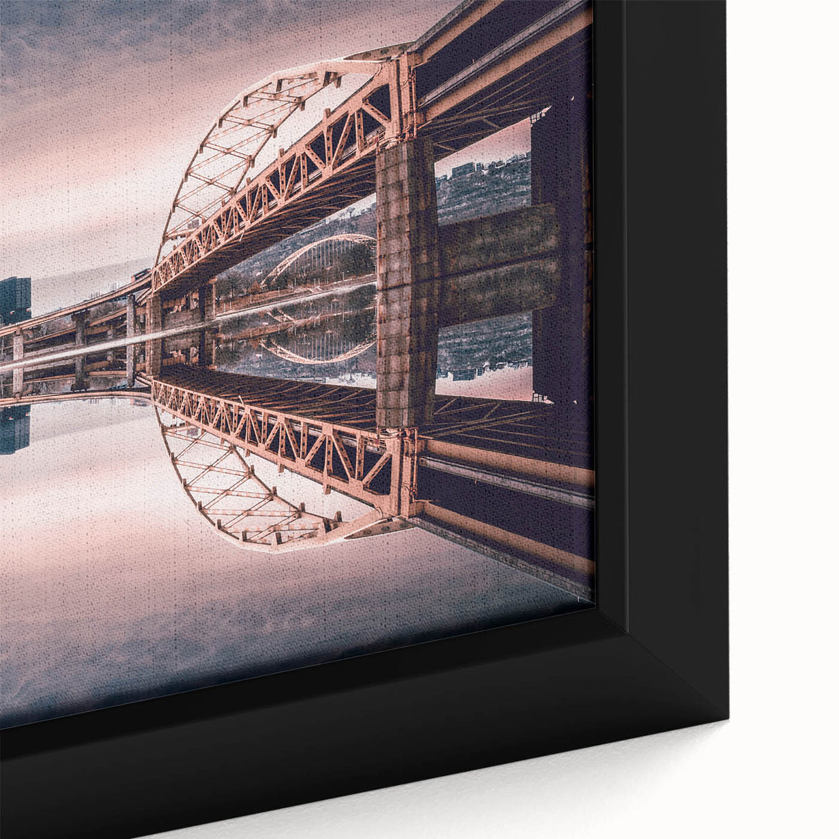 Close-up of textured black wall art featuring a colorful Pittsburgh skyline on a framed canvas, ideal for living room decor.