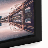 Close-up of textured black wall art featuring a colorful Pittsburgh skyline on a framed canvas, ideal for living room decor.