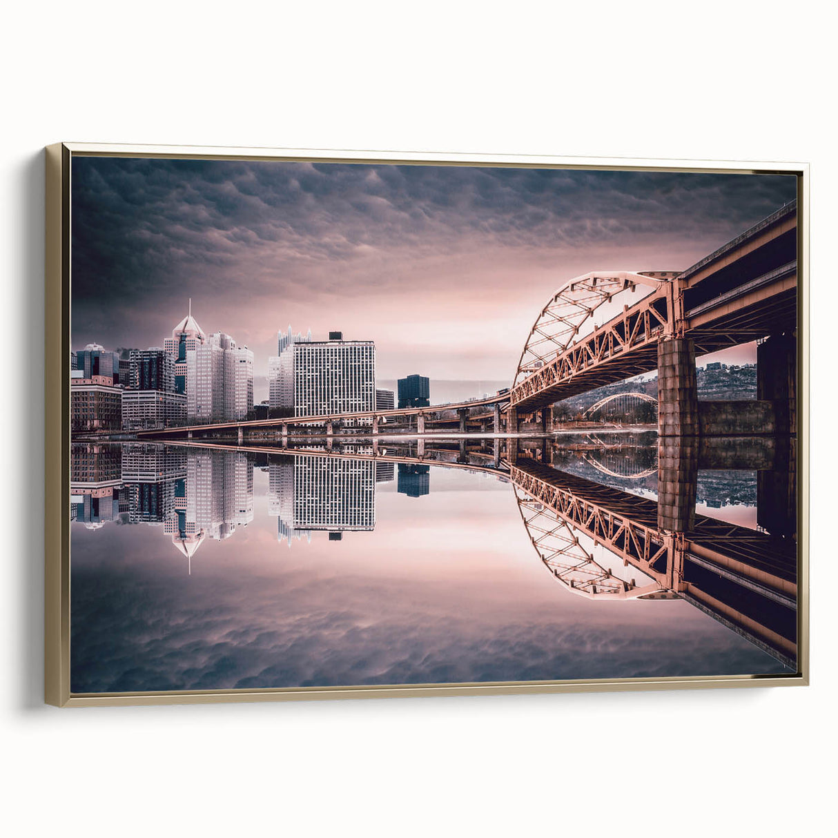 Framed canvas of Pittsburgh skyline with gold accents, featuring vintage poster style, ideal for bedroom wall art.