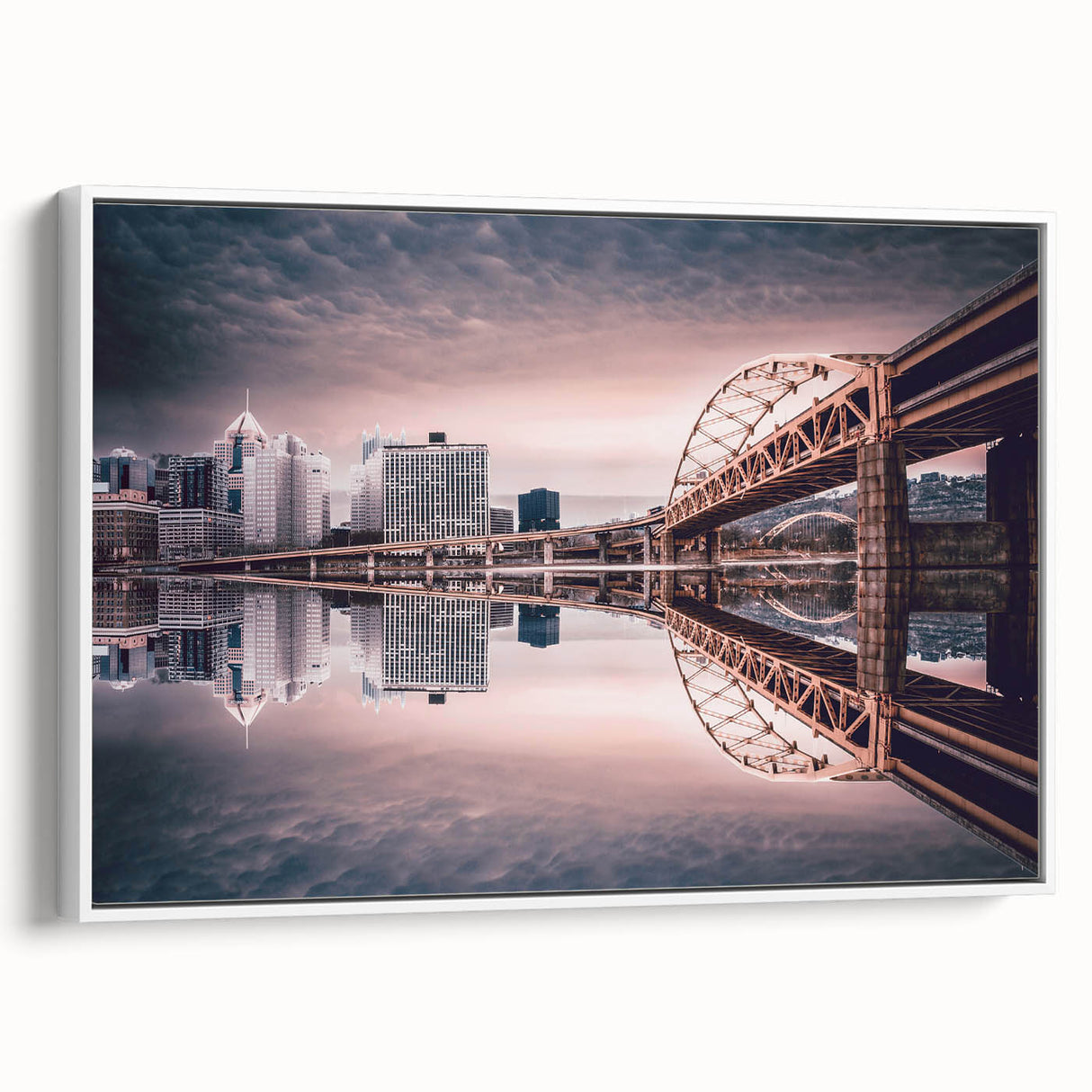 Vintage poster art of Pittsburgh skyline in colorful hues on extra large framed canvas, ideal for living room decor.