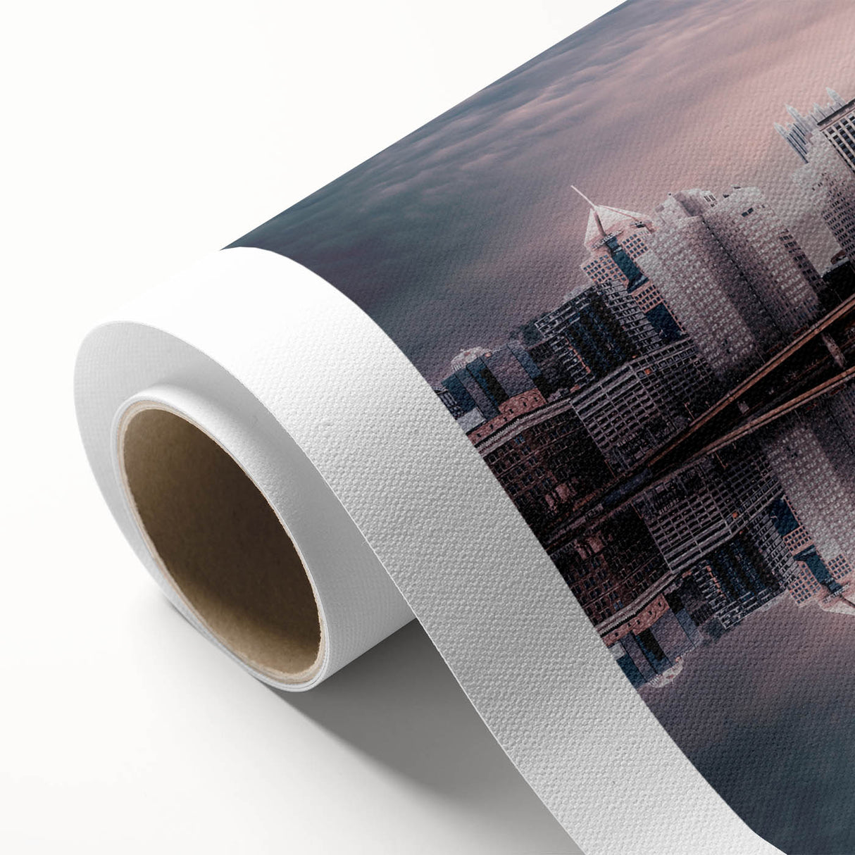 Art Deco style poster of Pittsburgh skyline in muted gold and blue tones on rolled canvas.
