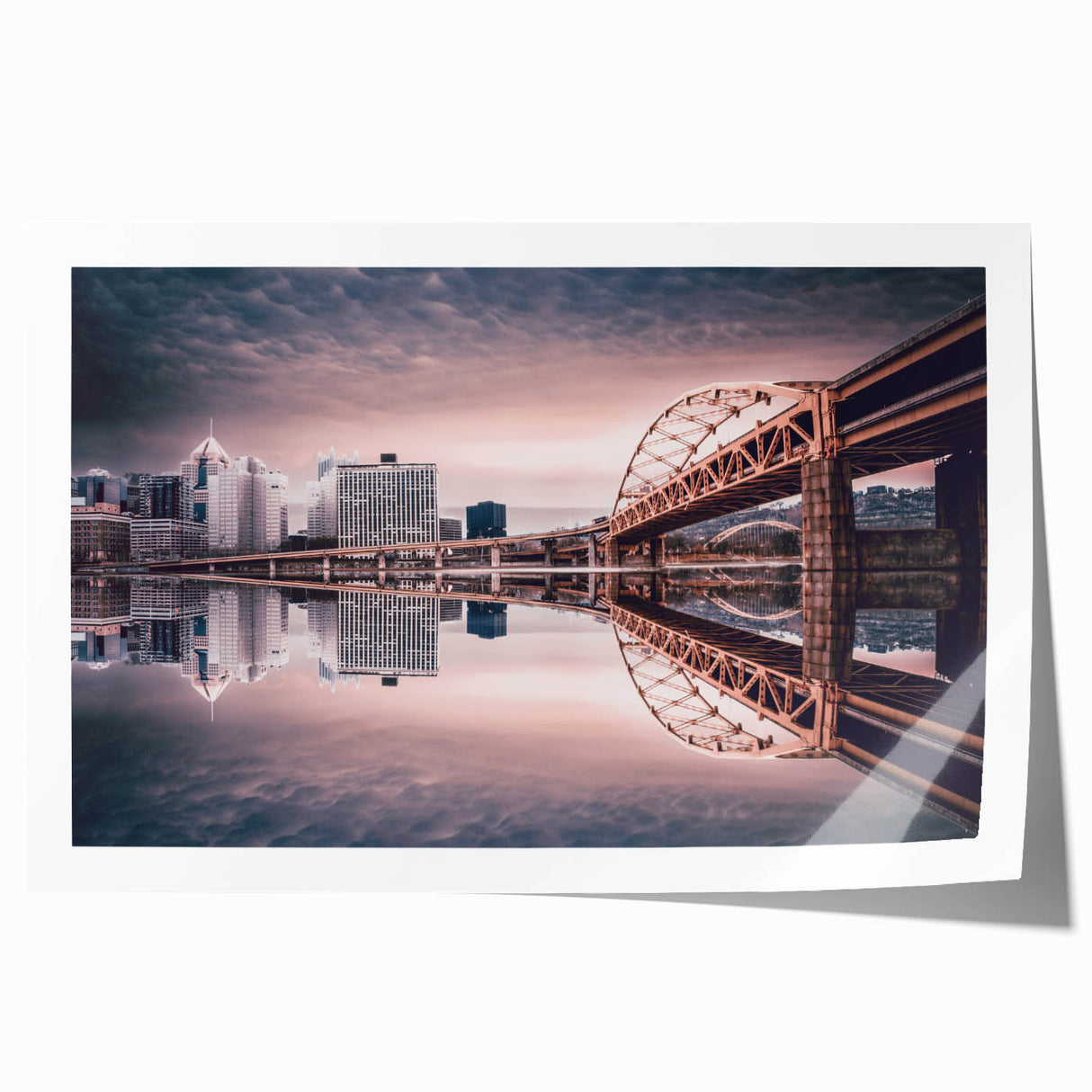 Panoramic view of Pittsburgh skyline in muted gray tones on a rolled canvas, ideal for dining room wall art.