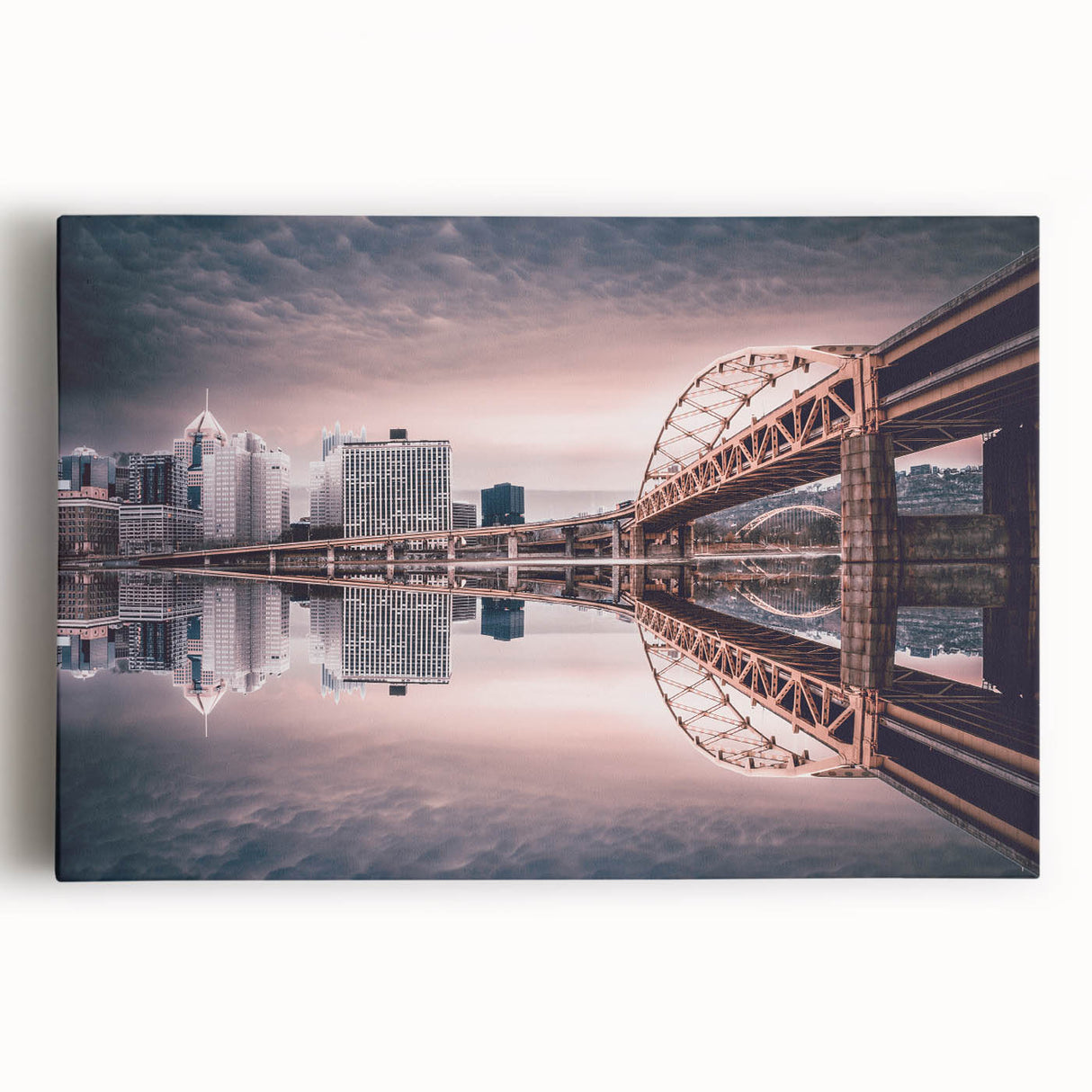 Black and white photo of Pittsburgh skyline on large stretched canvas, suitable for kitchen wall art.