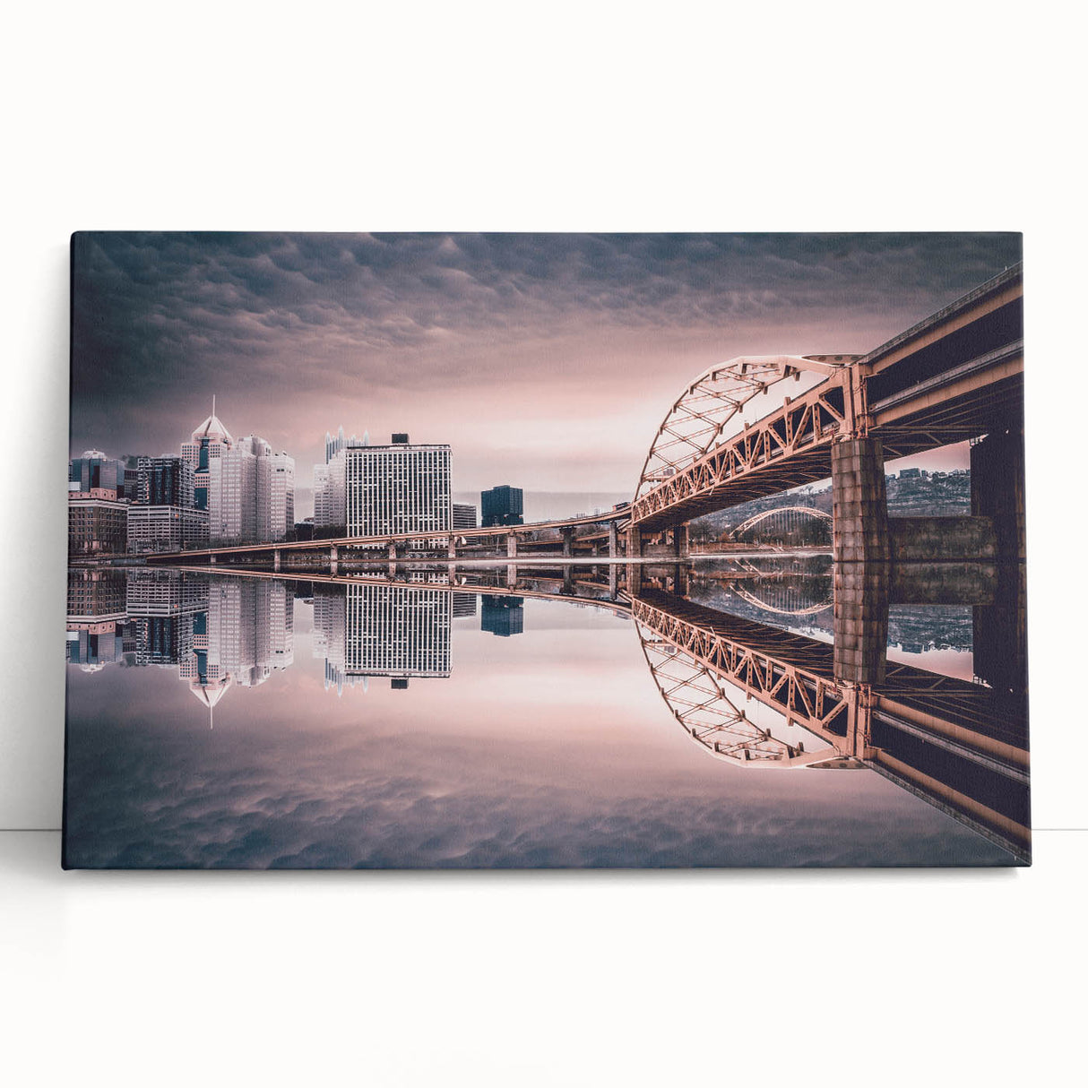 Black and white panoramic view of Pittsburgh on a stretched canvas, ideal for kitchen wall art.