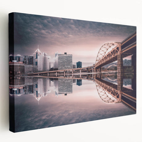 Panoramic view of Pittsburgh skyline in muted blue and grey tones on a large stretched canvas, suitable for kitchen wall art.