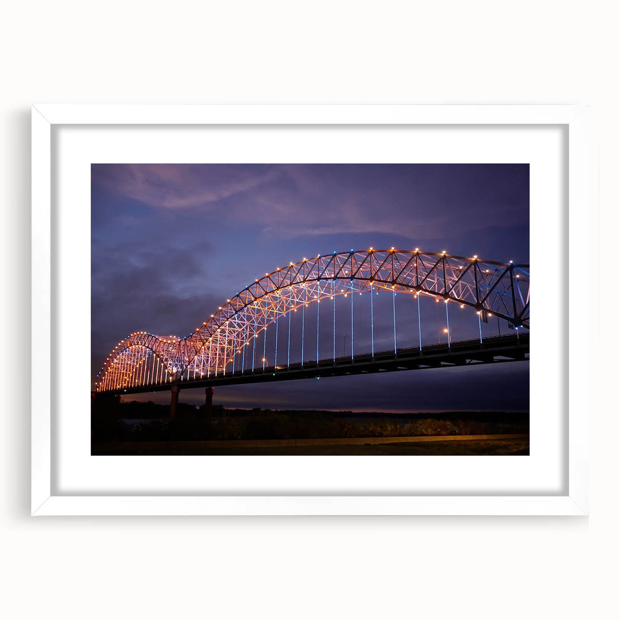 Abstract art print of Memphis skyline in muted blue and gray tones on a white framed canvas, suitable for dining room decor.
