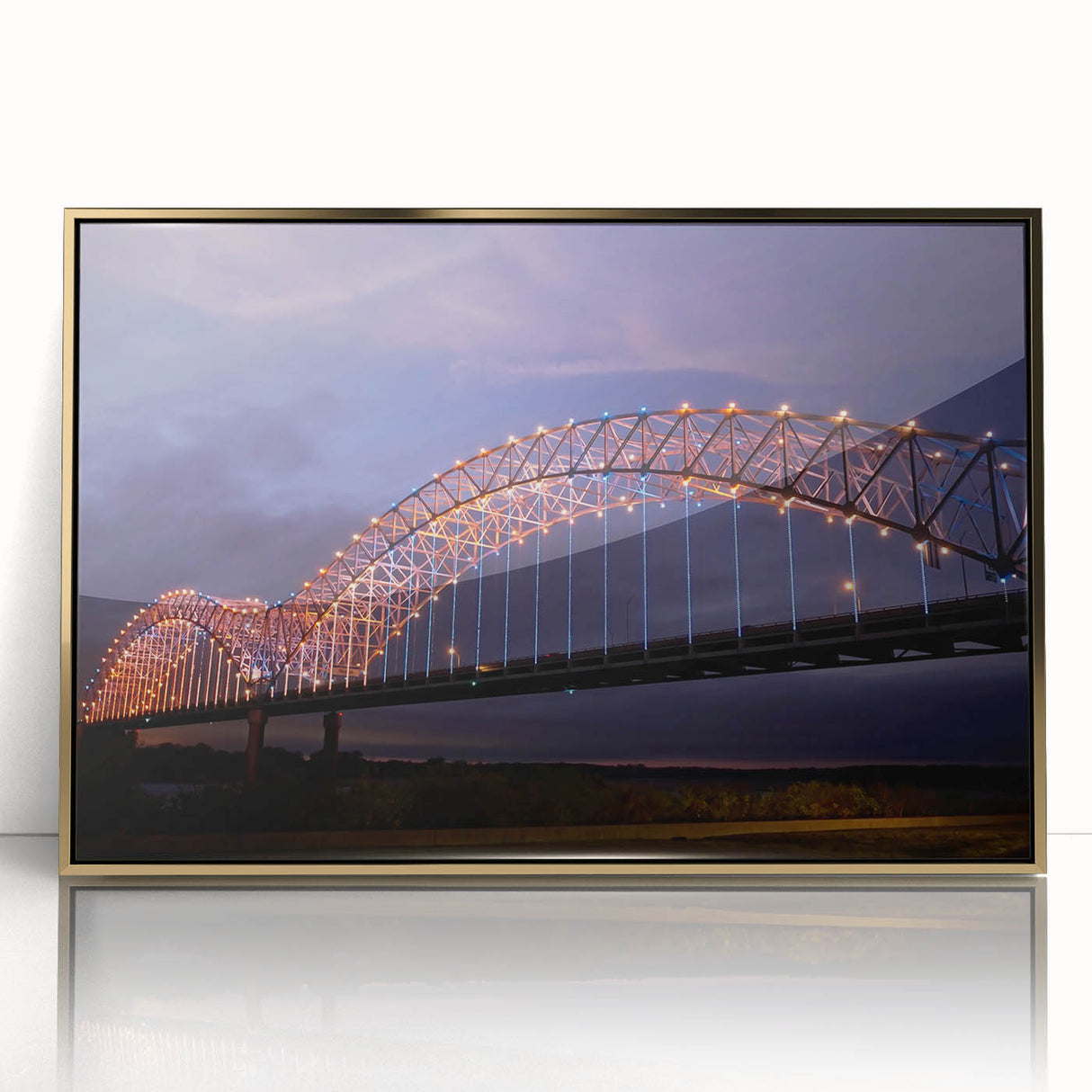Mid-century modernist Memphis skyline in muted gold and blue tones on a framed acrylic print.