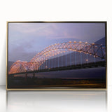 Mid-century modernist Memphis skyline in muted gold and blue tones on a framed acrylic print.