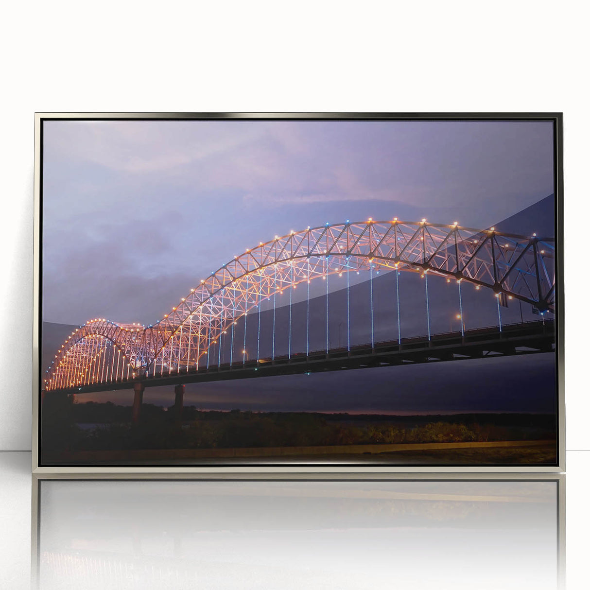 Mid-century modernist art depicting the Memphis, Tennessee skyline in muted gray and silver tones on framed acrylic.