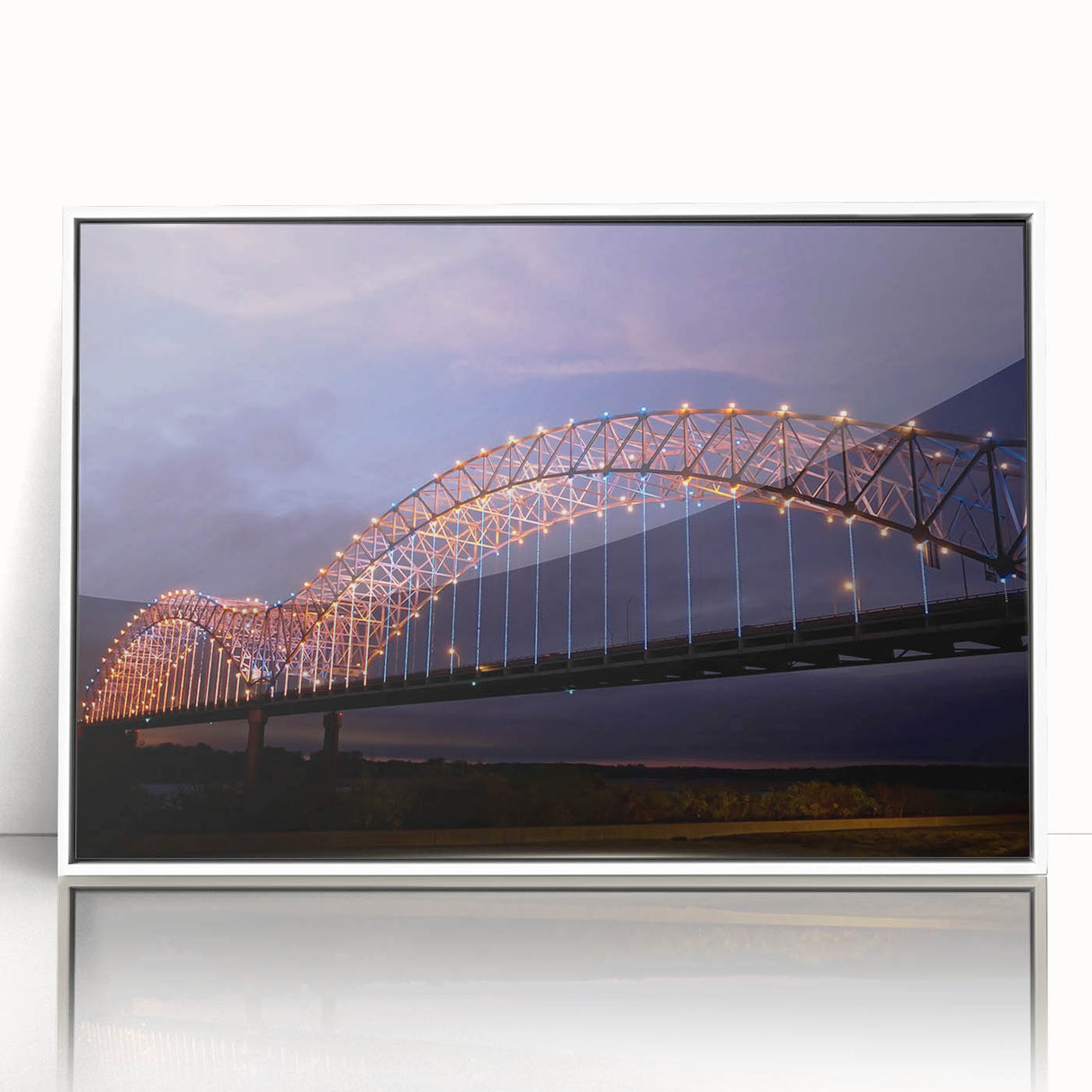 Art deco poster of Memphis scenery in muted blue and white tones on framed acrylic, suitable for modern nursery decor.