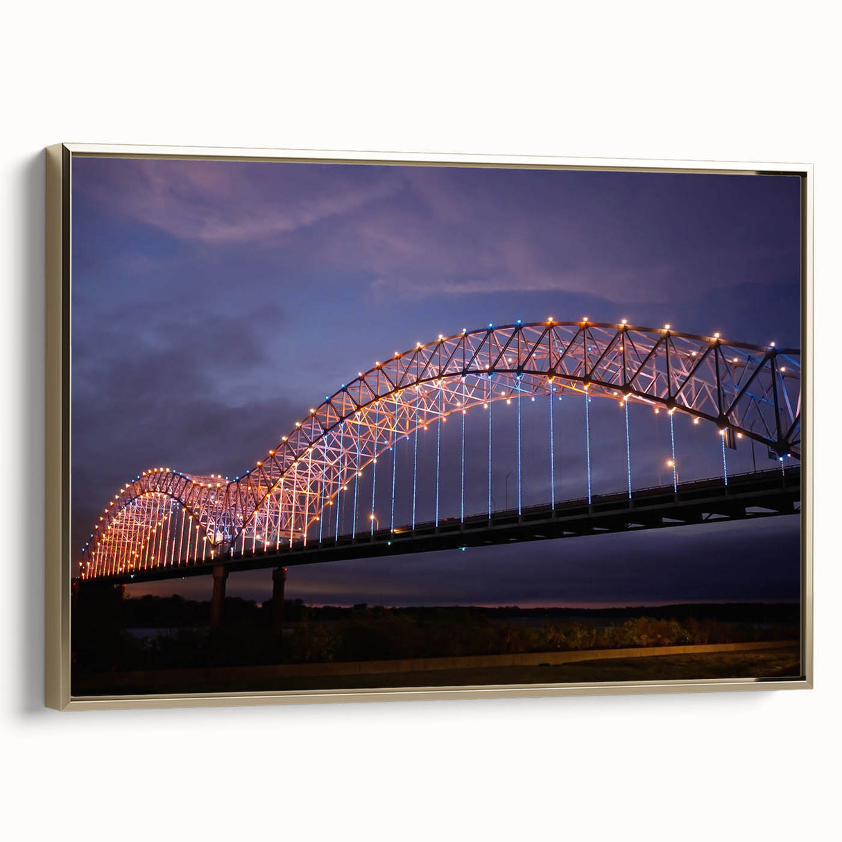 Framed canvas depicting a vintage-style Memphis landscape in black and gold, ideal for bedroom wall art.