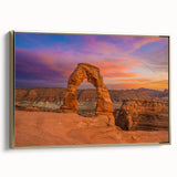 Framed canvas wall art featuring a landscape painting of Arches National Park in Utah with muted earth tones.