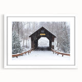 Abstract art print depicting a serene Vermont landscape in muted green and blue tones, framed with a white mat.