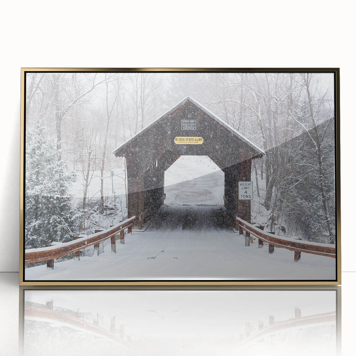 Acrylic print of a Vermont landscape in mid-century modernist style with gold frame, suited for modern art wall decor.