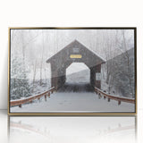 Acrylic print of a Vermont landscape in mid-century modernist style with gold frame, suited for modern art wall decor.