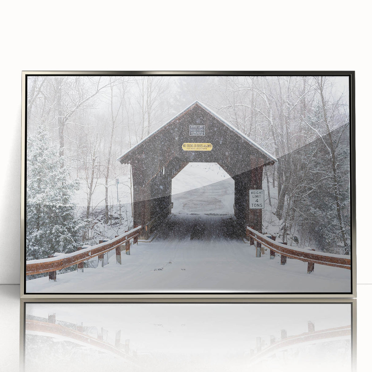 Mid-century modernist art depicting Vermont scenery in muted earth tones on a framed acrylic print.