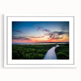 Abstract art print of Virginia scenery in muted green and blue tones, framed with a white mat.