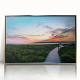 Acrylic print of a Virginia landscape in muted earth tones, framed in gold, suitable for modern nursery decor.