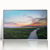 Acrylic print of a serene Virginia landscape in muted green and blue tones, framed in white.