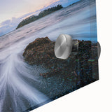 Large abstract wall art featuring a mid-century modernist depiction of Olympic scenery in muted earth tones on acrylic glass.