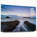 Acrylic print of Olympic National Park with lush green forest and mountain backdrop, suited for dining room decor.