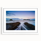 Abstract art print of Olympic National Park in muted green and blue tones, framed with a white mat.