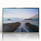 Mid-century modernist art depicting Olympic National Park in muted greens and blues on a framed acrylic print.