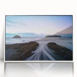 Art deco poster of Olympic National Park in muted green and blue shades on framed acrylic, ideal for modern nursery decor.