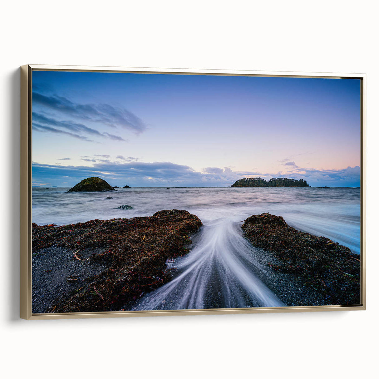 Framed canvas of Olympic National Park landscape in muted earth tones, ideal for bedroom wall art.