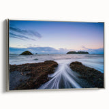 Framed canvas landscape art painting featuring the Olympic Mountains in Washington, with muted earth tones.