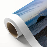 Art deco style poster of Olympic National Park on rolled canvas, featuring muted green and blue tones.