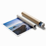 Rolled print of Olympic National Park with lush greenery and distant mountains, suited for classy bathroom wall art.