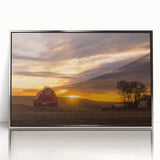 Mid-century modernist art depicting the Palouse hills in muted earth tones, framed in silver acrylic.