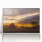 Modern art wall decor featuring a serene Palouse landscape on framed acrylic, in muted green and yellow tones.