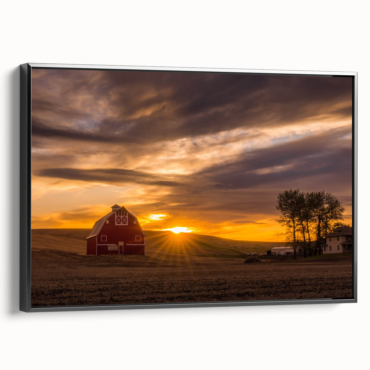 Black and white landscape art painting of Palouse hills on framed canvas, ideal for bedroom wall decor.