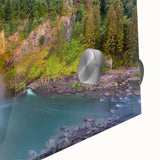 Large abstract depiction of Seattle skyline in muted gray and blue tones on acrylic glass, suitable for dining room art.