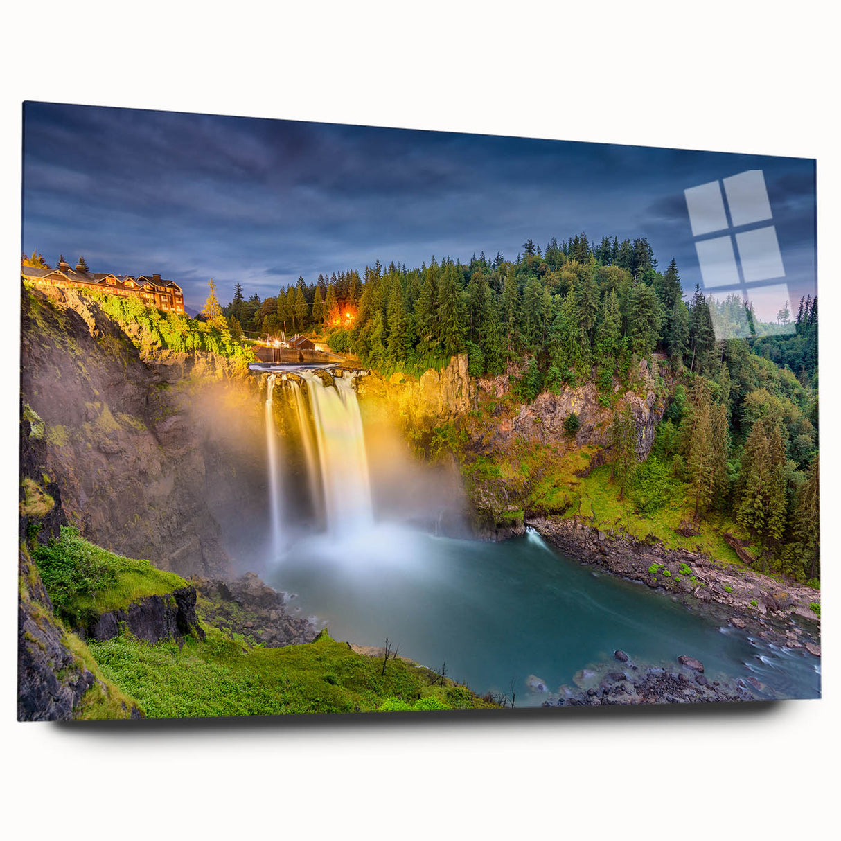 Acrylic print of a large abstract depiction of the Seattle skyline, using muted gray and blue tones.