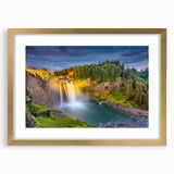 Extra large abstract art print of Seattle skyline in textured gold frame, suited for living room decor.