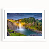 Abstract art print of Seattle skyline in muted gray and blue tones on a framed white mat, ideal for dining room decor.