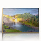 Large art print of Seattle skyline in gold and blue tones on framed acrylic, ideal for modern art wall decor.