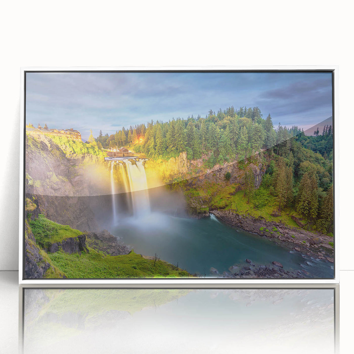 Acrylic print of Seattle skyline in muted gray and blue tones, framed in white, suitable for modern art wall decor.