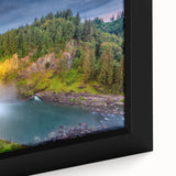 Extra large framed canvas featuring a textured depiction of Seattle’s skyline in black with colorful art accents.