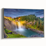 Framed canvas of a vintage Seattle landscape with a silver frame, featuring colorful art in a black-dominated palette.