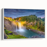 Vintage poster art of Seattle skyline in vibrant colors on a large framed canvas, suitable for living room decor.