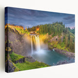 Large art depicting Seattle skyline in muted gray and blue tones on stretched canvas, ideal for kitchen wall art.