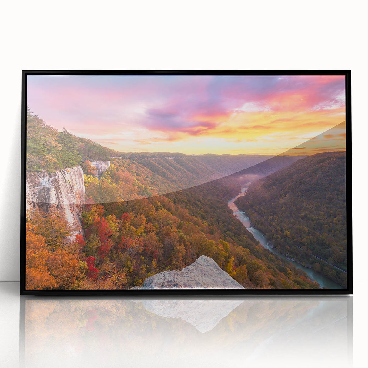 Large abstract wall art depicting the West Virginia scenery in muted earth tones on a framed acrylic panel.